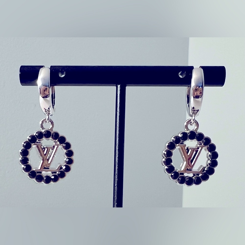 Silver and Black Crystal Dangle Charm Hoop Earrings - Picture 3 of 7